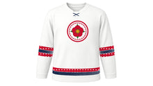 Load image into Gallery viewer, Saint George's Day Original Hockey Jersey in Chalk White, front view – a wild red rose on a red-and-white ringed medallion on the chest and diamond-pattern sleeve and hem stripes – custom name and number