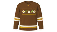 Load image into Gallery viewer, Saint Joseph's Day Original Hockey Jersey in Brown, front view with lily and olive-branch chest band – custom name and number