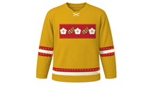 Load image into Gallery viewer, Saint Joseph's Day Original Hockey Jersey in Gold, front view with lily and olive-branch chest band – custom name and number