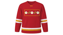 Load image into Gallery viewer, Saint Joseph's Day Original Hockey Jersey in Red, front view with lily and olive-branch chest band – custom name and number