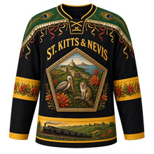 Load image into Gallery viewer, Saint Kitts and Nevis Original Hockey Jersey in Brimstone Black, front view – Sugar Mas masquerade yoke and Brimstone Hill bastion crest with ornate detailed artwork, custom name and number