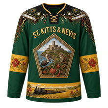 Load image into Gallery viewer, Saint Kitts and Nevis Original Hockey Jersey in Cane Field Green, front view – Sugar Mas masquerade yoke and Brimstone Hill bastion crest with ornate detailed artwork, custom name and number