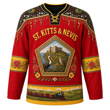 Load image into Gallery viewer, Saint Kitts and Nevis Original Hockey Jersey in Flamboyant Red, front view – Sugar Mas masquerade yoke and Brimstone Hill bastion crest with ornate detailed artwork, custom name and number
