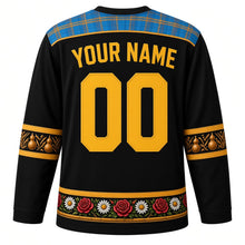 Load image into Gallery viewer, Saint Lucia Original Hockey Jersey in Soufriere Black, back view with your name and number – madras-plaid yoke and calabash-carved sleeve bands