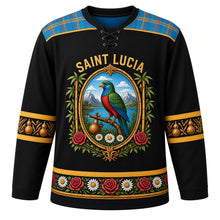 Load image into Gallery viewer, Saint Lucia Original Hockey Jersey in Soufriere Black, front view – madras-plaid yoke and bamboo-framed Pitons and parrot crest with ornate detailed artwork, custom name and number