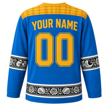 Load image into Gallery viewer, Saint Lucia Original Hockey Jersey in Cerulean Sea, back view with your name and number – madras-plaid yoke and calabash-carved sleeve bands