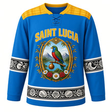 Load image into Gallery viewer, Saint Lucia Original Hockey Jersey in Cerulean Sea, front view – madras-plaid yoke and bamboo-framed Pitons and parrot crest with ornate detailed artwork, custom name and number