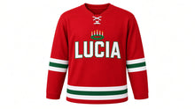 Load image into Gallery viewer, Saint Lucia Day Original Hockey Jersey in Red, front view – custom name and number