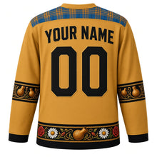 Load image into Gallery viewer, Saint Lucia Original Hockey Jersey in Piton Gold, back view with your name and number – madras-plaid yoke and calabash-carved sleeve bands