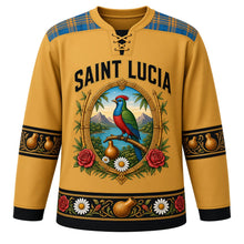 Load image into Gallery viewer, Saint Lucia Original Hockey Jersey in Piton Gold, front view – madras-plaid yoke and bamboo-framed Pitons and parrot crest with ornate detailed artwork, custom name and number