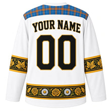 Load image into Gallery viewer, Saint Lucia Original Hockey Jersey in Marguerite White, back view with your name and number – madras-plaid yoke and calabash-carved sleeve bands