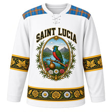 Load image into Gallery viewer, Saint Lucia Original Hockey Jersey in Marguerite White, front view – madras-plaid yoke and bamboo-framed Pitons and parrot crest with ornate detailed artwork, custom name and number