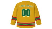 Load image into Gallery viewer, Saint Stephen's Day Original Hockey Jersey in Winter Gold, back view with berry-dot sleeve and hem stripes and your name and number