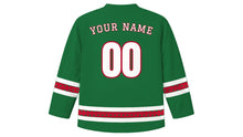 Load image into Gallery viewer, Saint Stephen's Day Original Hockey Jersey in Holly Green, back view with berry-dot sleeve and hem stripes and your name and number