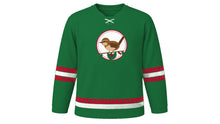 Load image into Gallery viewer, Saint Stephen's Day Original Hockey Jersey in Holly Green, front view – a little brown wren perched on a red-berried holly sprig in a round medallion on the chest and berry-dot sleeve and hem stripes – custom name and number