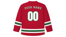 Load image into Gallery viewer, Saint Stephen's Day Original Hockey Jersey in Holly Red, back view with berry-dot sleeve and hem stripes and your name and number