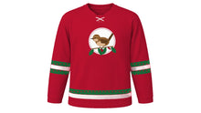 Load image into Gallery viewer, Saint Stephen's Day Original Hockey Jersey in Holly Red, front view – a little brown wren perched on a red-berried holly sprig in a round medallion on the chest and berry-dot sleeve and hem stripes – custom name and number