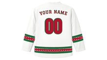 Load image into Gallery viewer, Saint Stephen's Day Original Hockey Jersey in Frost White, back view with berry-dot sleeve and hem stripes and your name and number