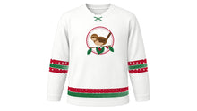Load image into Gallery viewer, Saint Stephen's Day Original Hockey Jersey in Frost White, front view – a little brown wren perched on a red-berried holly sprig in a round medallion on the chest and berry-dot sleeve and hem stripes – custom name and number