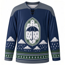 Load image into Gallery viewer, Saint Swithin's Day Original Hockey Jersey in Storm Navy, front view with themed artwork and clean crest