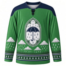 Load image into Gallery viewer, Saint Swithin's Day Original Hockey Jersey in Meadow Green, front view with themed artwork and clean crest