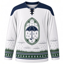 Load image into Gallery viewer, Saint Swithin's Day Original Hockey Jersey in Cloud White, front view with themed artwork and clean crest