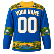 Load image into Gallery viewer, Saint Vincent and the Grenadines Original Hockey Jersey in Grenadines Blue, back view with your name and number – carnival-feather breadfruit-leaf yoke and Grenadines wave sleeve bands