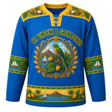 Load image into Gallery viewer, Saint Vincent and the Grenadines Original Hockey Jersey in Grenadines Blue, front view – St. Vincent parrot and La Soufriere carnival-cartouche crest with ornate detailed artwork, custom name and number