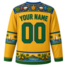 Load image into Gallery viewer, Saint Vincent and the Grenadines Original Hockey Jersey in Soufriere Gold, back view with your name and number – carnival-feather breadfruit-leaf yoke and Grenadines wave sleeve bands