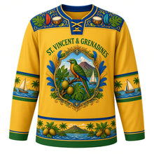 Load image into Gallery viewer, Saint Vincent and the Grenadines Original Hockey Jersey in Soufriere Gold, front view – St. Vincent parrot and La Soufriere carnival-cartouche crest with ornate detailed artwork, custom name and number
