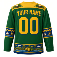 Load image into Gallery viewer, Saint Vincent and the Grenadines Original Hockey Jersey in Breadfruit Green, back view with your name and number – carnival-feather breadfruit-leaf yoke and Grenadines wave sleeve bands
