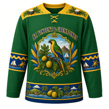 Load image into Gallery viewer, Saint Vincent and the Grenadines Original Hockey Jersey in Breadfruit Green, front view – St. Vincent parrot and La Soufriere carnival-cartouche crest with ornate detailed artwork, custom name and number