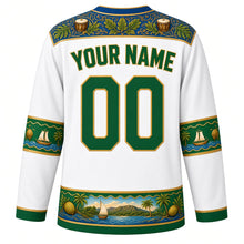 Load image into Gallery viewer, Saint Vincent and the Grenadines Original Hockey Jersey in Vincy White, back view with your name and number – carnival-feather breadfruit-leaf yoke and Grenadines wave sleeve bands