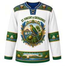 Load image into Gallery viewer, Saint Vincent and the Grenadines Original Hockey Jersey in Vincy White, front view – St. Vincent parrot and La Soufriere carnival-cartouche crest with ornate detailed artwork, custom name and number