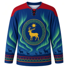 Load image into Gallery viewer, Sami National Day Original Hockey Jersey in Gakti Blue, front view with themed artwork and clean crest