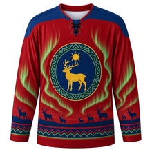 Load image into Gallery viewer, Sami National Day Original Hockey Jersey in Sami Red, front view with themed artwork and clean crest