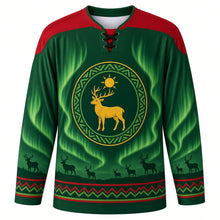Load image into Gallery viewer, Sami National Day Original Hockey Jersey in Tundra Green, front view with themed artwork and clean crest