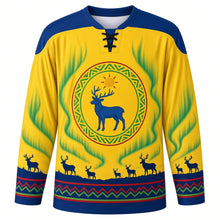 Load image into Gallery viewer, Sami National Day Original Hockey Jersey in Sun Yellow, front view with themed artwork and clean crest