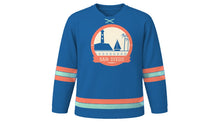 Load image into Gallery viewer, San Diego Original Hockey Jersey in Pacific Blue, front view – custom name and number