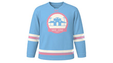 Load image into Gallery viewer, San Jose Original Hockey Jersey in Sky Blue, front view – custom name and number