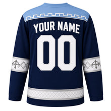 Load image into Gallery viewer, San Marino Original Hockey Jersey in Palio Navy, back view with your name and number – battlement-stone yoke and crossbow-bolt sleeve bands
