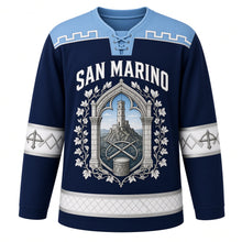 Load image into Gallery viewer, San Marino Original Hockey Jersey in Palio Navy, front view – battlement-stone yoke and gothic-arch Mount Titano tower crest with ornate detailed artwork, custom name and number