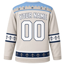 Load image into Gallery viewer, San Marino Original Hockey Jersey in Titano Stone, back view with your name and number – battlement-stone yoke and crossbow-bolt sleeve bands