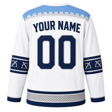 Load image into Gallery viewer, San Marino Original Hockey Jersey in Guaita White, back view with your name and number – battlement-stone yoke and crossbow-bolt sleeve bands