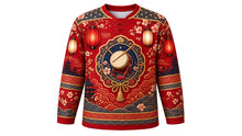 Load image into Gallery viewer, Sanja Matsuri Original Hockey Jersey in Festival Red, front view with detailed full-body artwork and ornate crest
