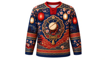 Load image into Gallery viewer, Sanja Matsuri Original Hockey Jersey in Indigo, front view with detailed full-body artwork and ornate crest