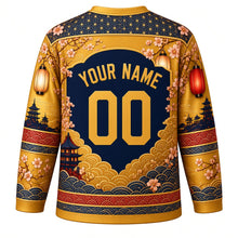 Load image into Gallery viewer, Sanja Matsuri Original Hockey Jersey in Gold, back view with custom YOUR NAME and 00