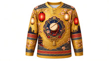 Load image into Gallery viewer, Sanja Matsuri Original Hockey Jersey in Gold, front view with detailed full-body artwork and ornate crest