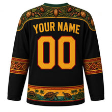 Load image into Gallery viewer, Sao Tome and Principe Original Hockey Jersey in Volcanic Black, back view with your name and number – cocoa-pod leaf yoke and drum-diamond sleeve bands