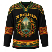 Load image into Gallery viewer, Sao Tome and Principe Original Hockey Jersey in Volcanic Black, front view – cocoa-leaf yoke and teardrop Pico Cao Grande crest with ornate detailed artwork, custom name and number